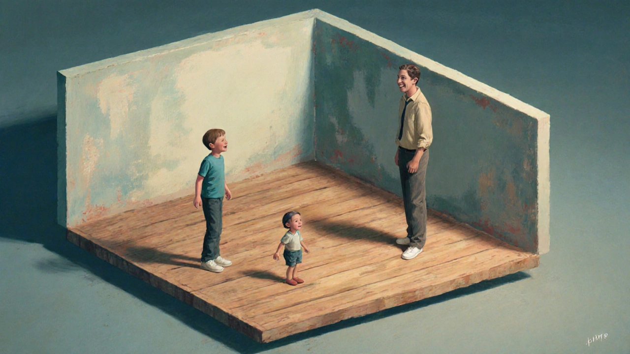 An Ames Room illusion where a child appears giant next to an adult who looks tiny due to forced perspective.