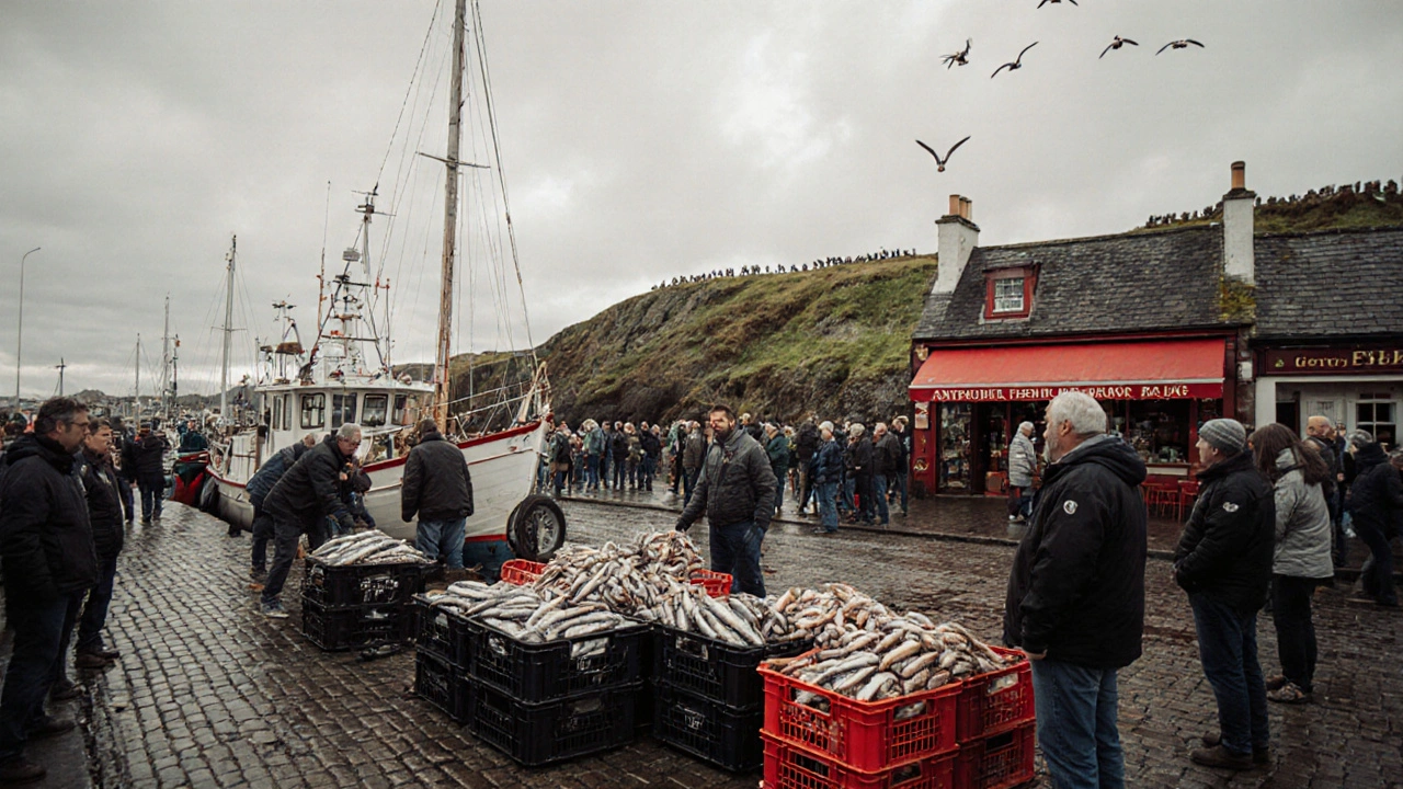 Anstruther Harbour at sunrise with trawlers unloading fresh fish and locals watching the activity.