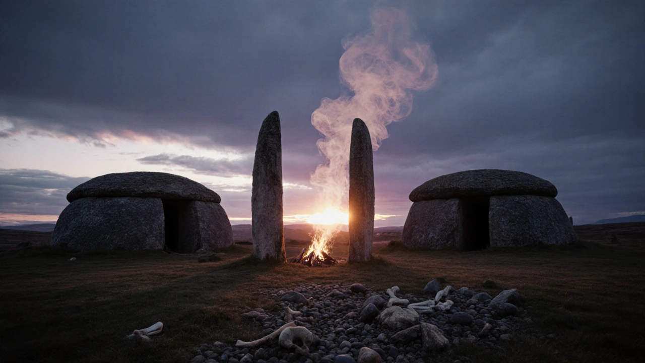 Bronze Age cairns at Clava with standing stones aligned to the setting sun, twilight casting long shadows over the burial site.