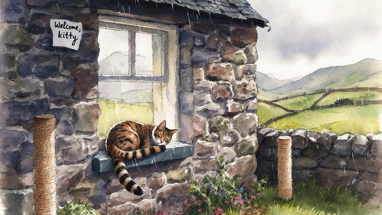 Cat resting on a window perch in a Highland cottage with a secure garden below.