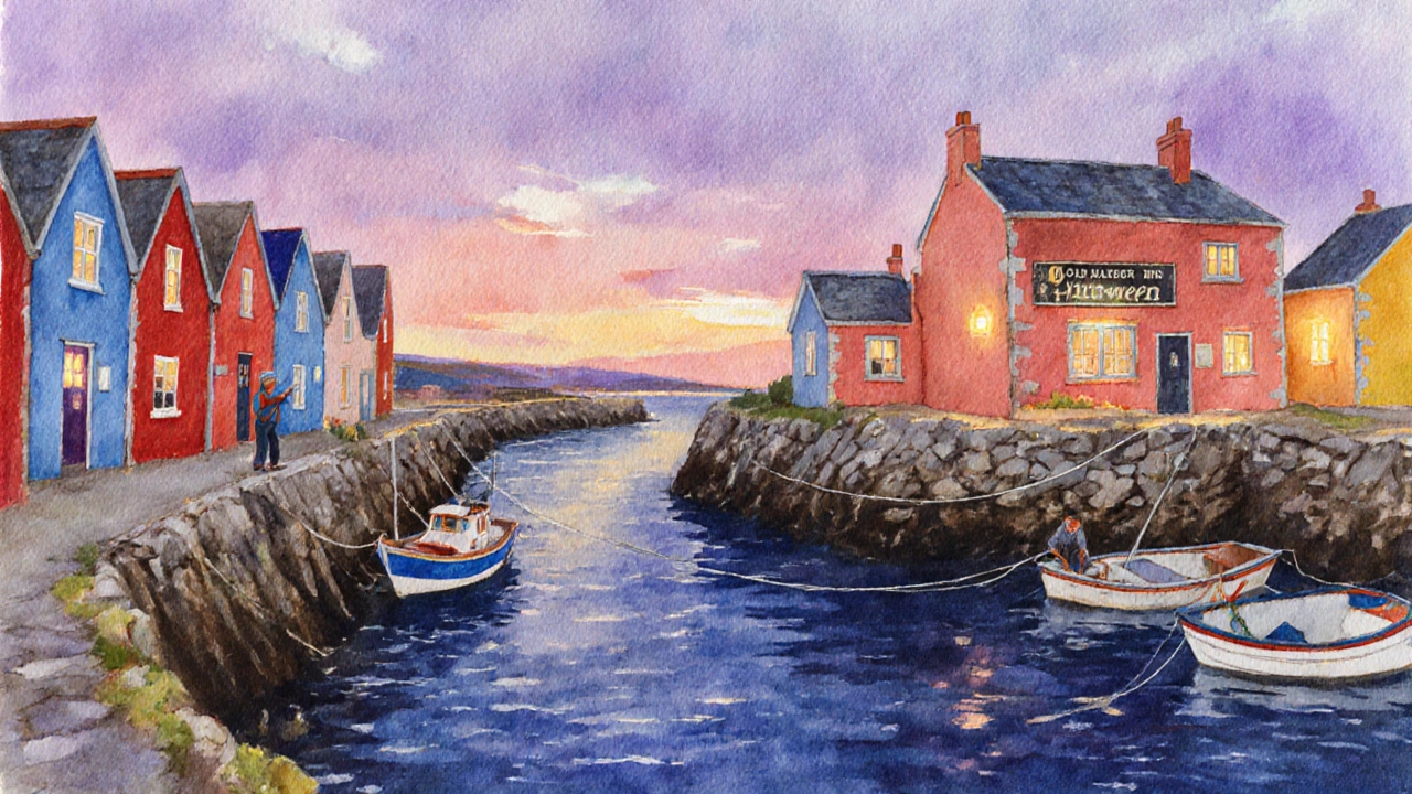 Colorful cottages and tiny boats in Pittenweem harbor at sunset, glowing windows and a fisherman on the pier.