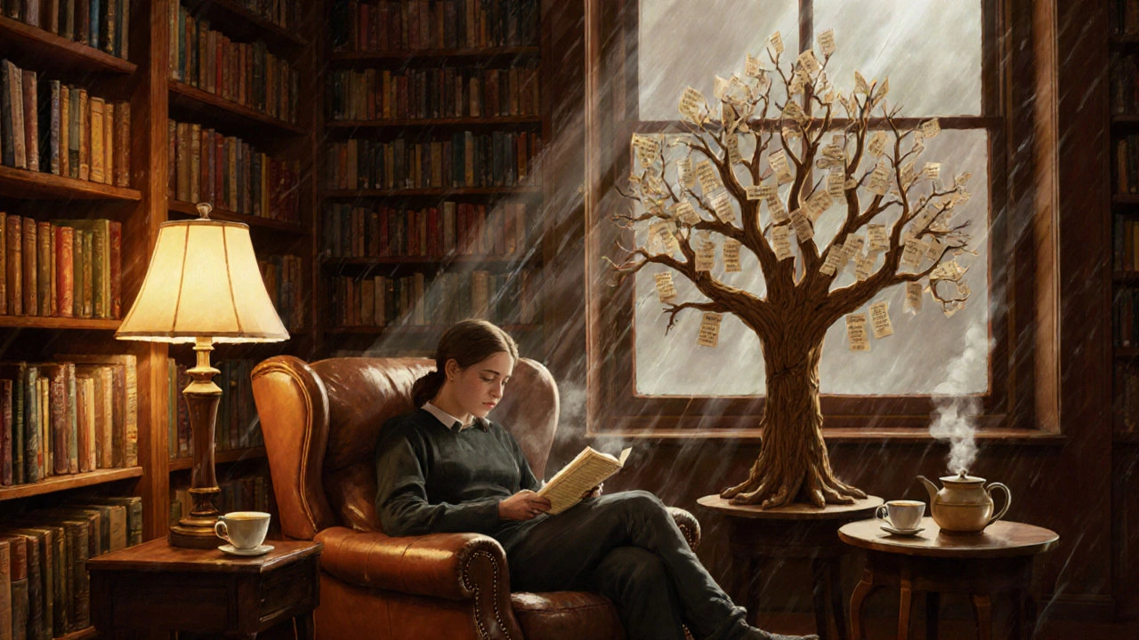 Cozy interior of the Scottish Poetry Library with someone reading by a window as rain falls outside.