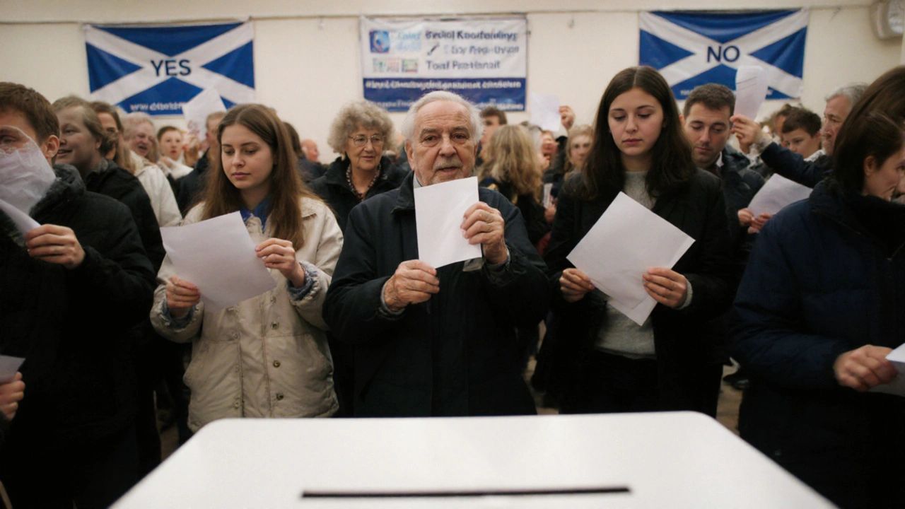 Diverse voters cast ballots in a 2014 Scottish independence referendum polling station, capturing a historic democratic moment.