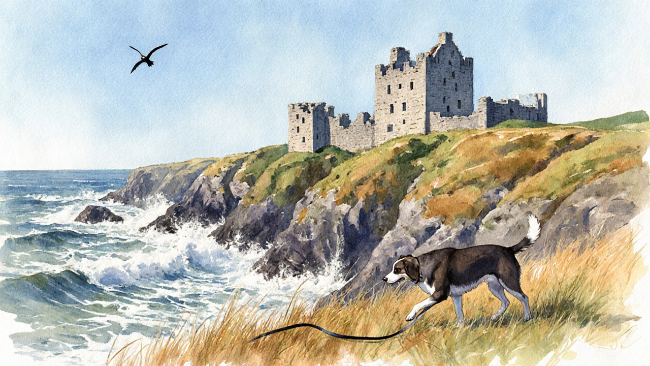 Dog exploring the cliffside ruins of Dunnottar Castle with sea waves below.