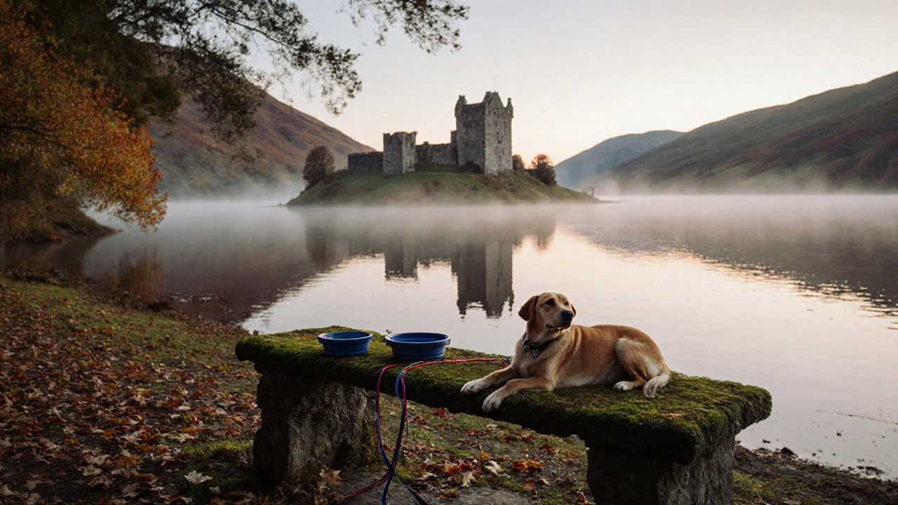 Dog resting on a stone bench by Loch Ness with Urquhart Castle reflected in the water.