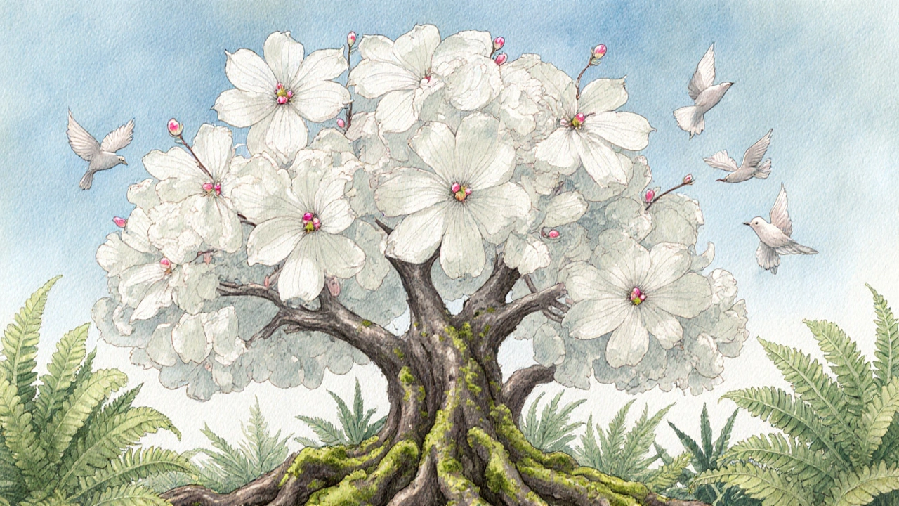 Dove tree in bloom with white bracts fluttering like doves under a spring sky, surrounded by ferns and moss.