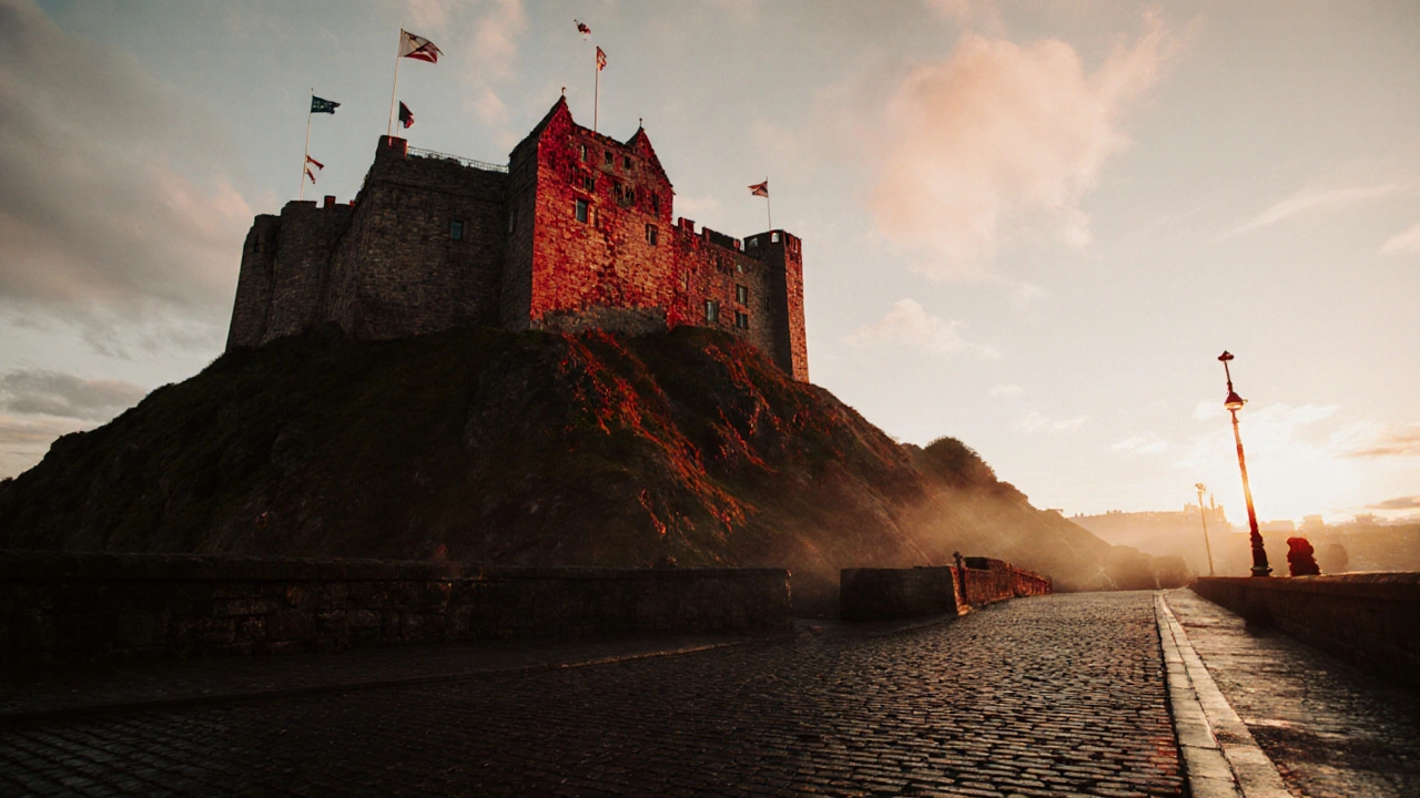 Edinburgh Castle illuminated by golden hour light from the esplanade, walls glowing red against fading sky.