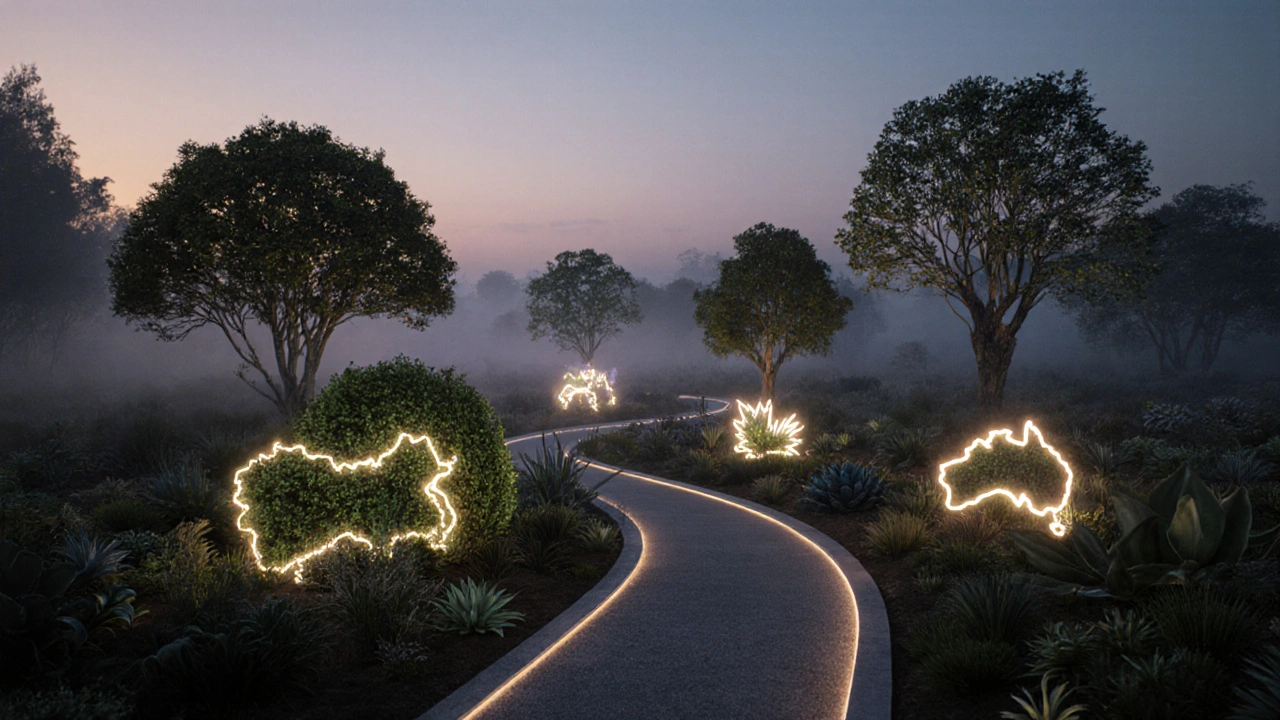Global Flora Path with continental plant zones softly lit at dawn, symbolizing international conservation.