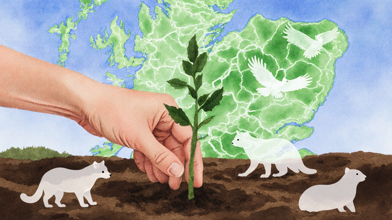 Hand planting a sapling as ghostly wildlife emerge from the soil in a rewilding scene.