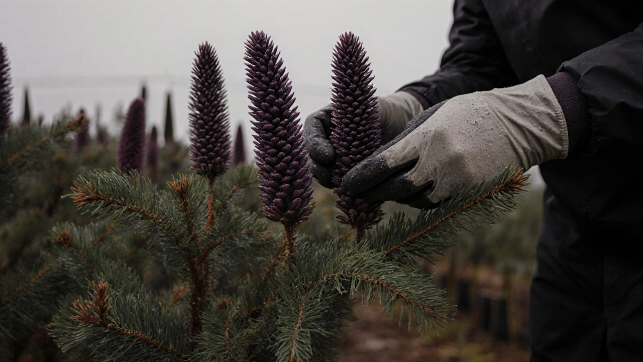 Hands harvesting seeds from a Korean fir with purple cones in a conservation nursery at Dawyck Botanic Garden.