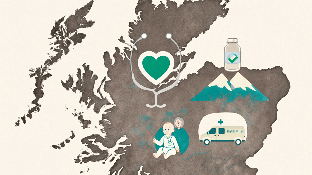 Illustrated map of Scotland showing healthcare access icons across urban and rural areas.