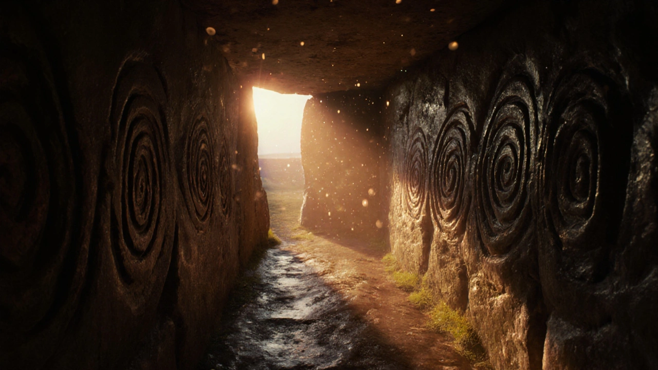 Inside Maeshowe tomb, a beam of winter solstice sunlight illuminates the back wall of the ancient stone chamber.