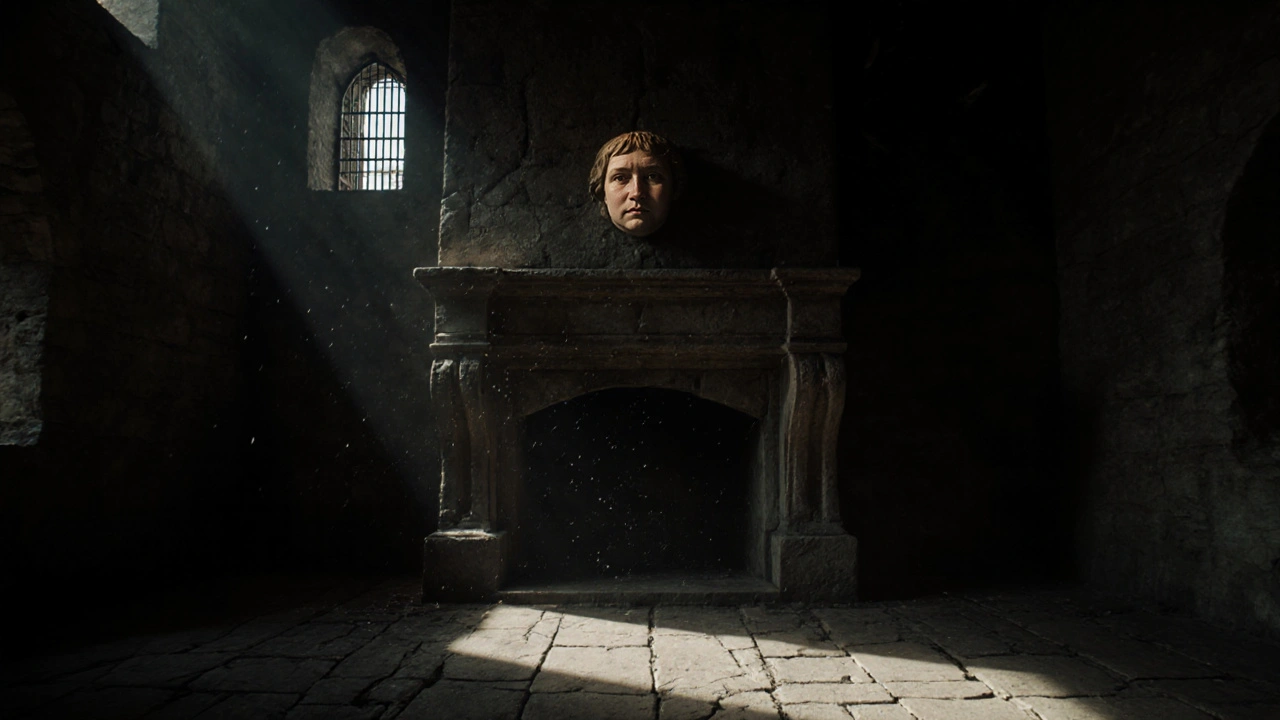 Inside the great hall of Hermitage Castle, a massive fireplace and carved stone face in dim light, dust swirling in a beam of sunlight.