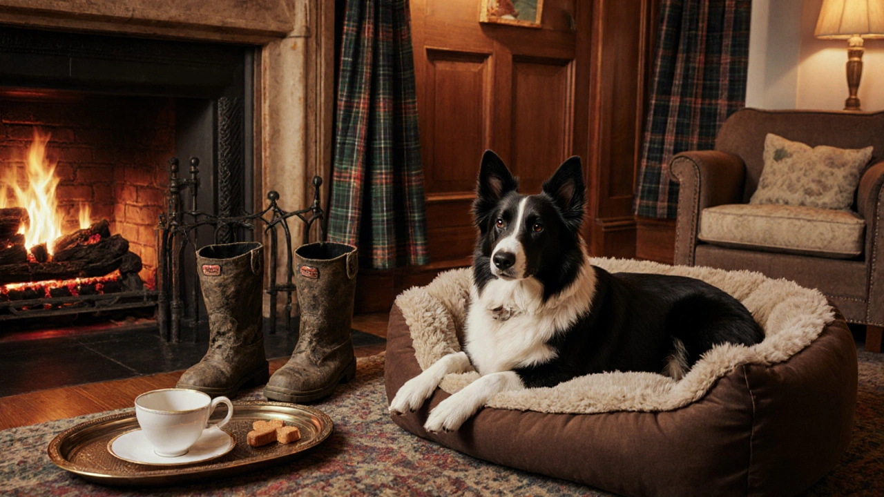 Luxury hotel room with a dog on a bed, tea tray, and hiking boots nearby.