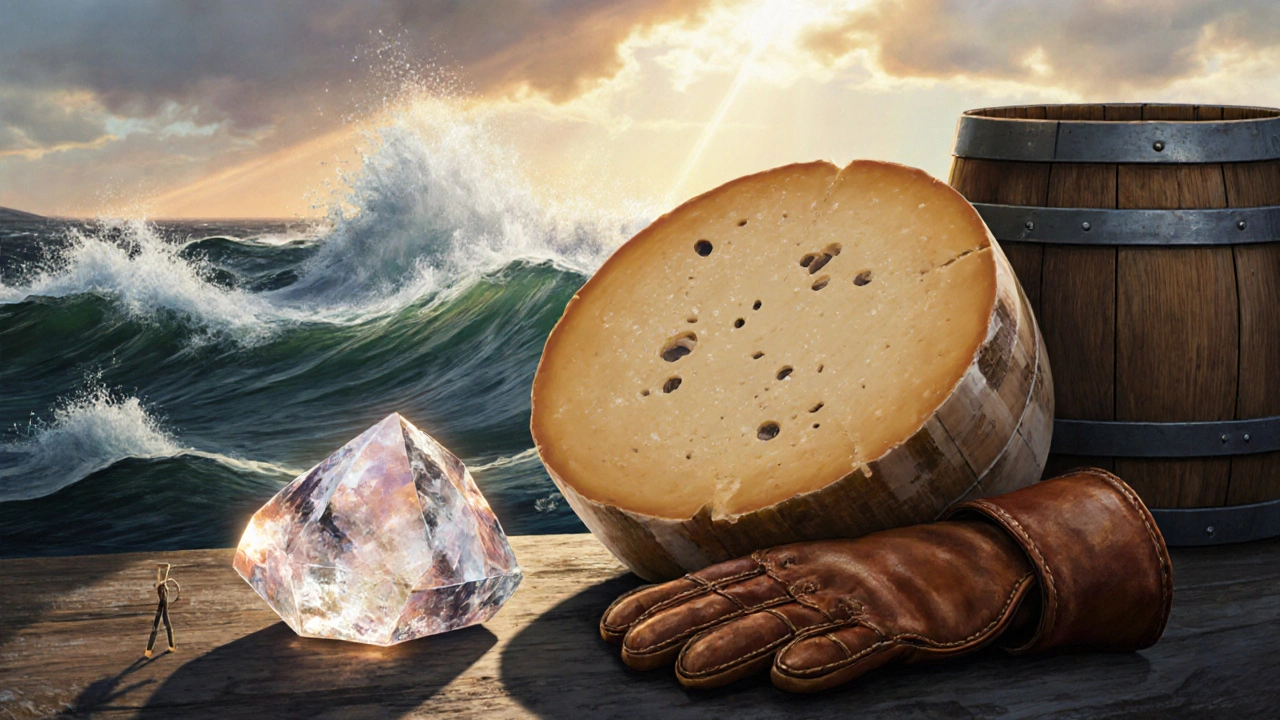 Orkney sea salt and beer cheese beside a fisherman’s glove, with waves and northern light in the background.