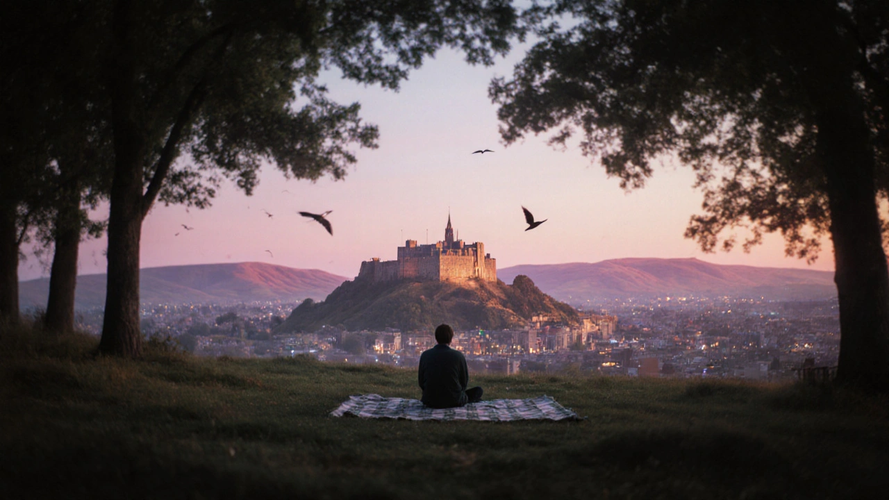 Quiet view of Edinburgh Castle from Blackford Hill at dusk, with a person sitting peacefully under trees.