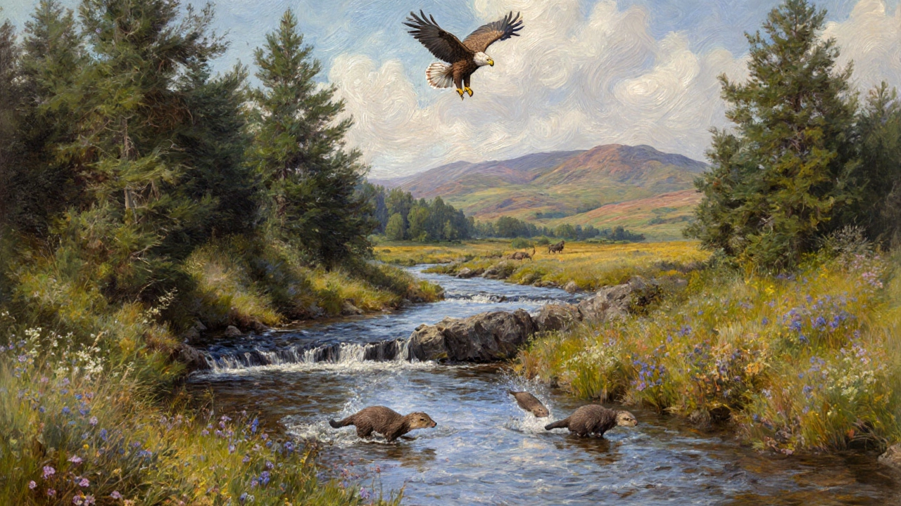River Tay winding through ancient pine forest with otters and golden eagle overhead.