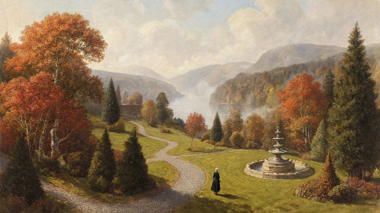 Romantic autumn landscape at Balmoral Castle with native trees and winding paths.