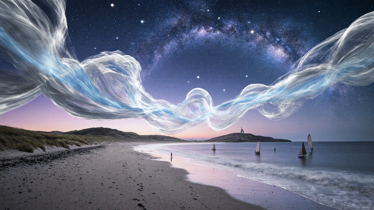 Surreal wind currents flowing over Tiree’s beach at dusk, with stars and the Milky Way above.