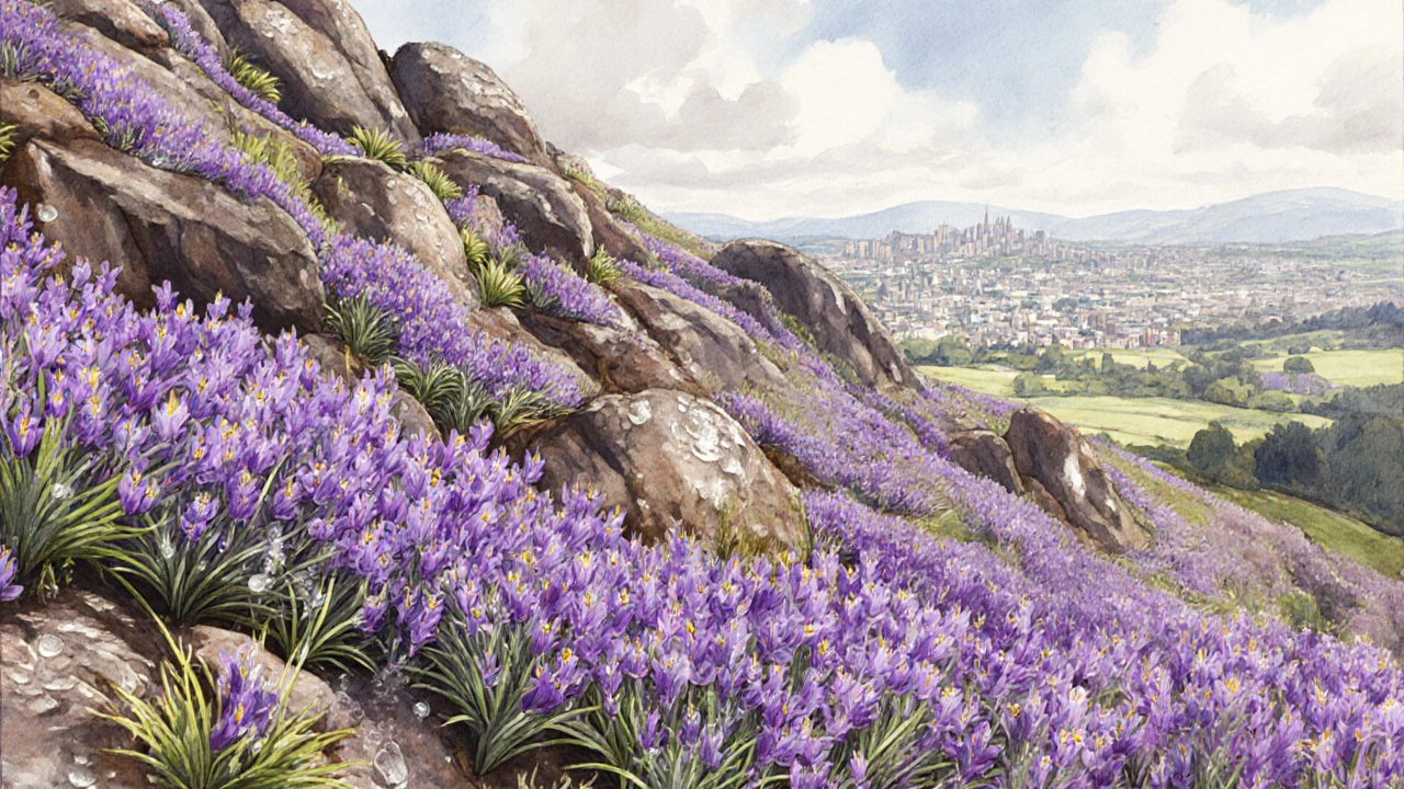 Terraced Rock Garden bursting with purple gentians in spring, surrounded by alpine rocks.