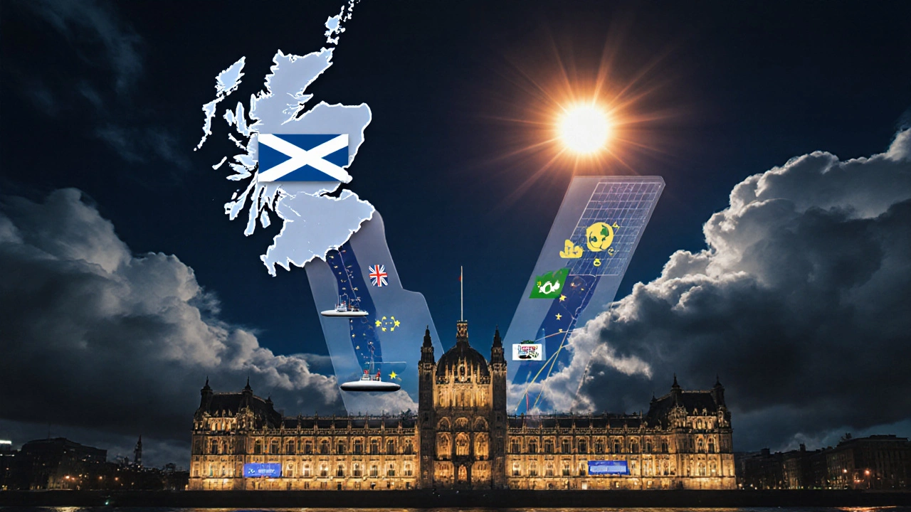The Scottish Parliament glows at night as Scotland splits into two futures: one tied to the UK, the other to independence and EU alignment.