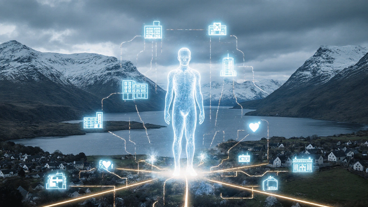 Transparent human figure connected by light pathways to healthcare services across Scotland.