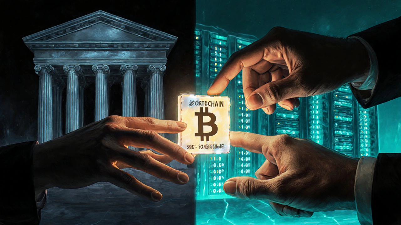 Two hands adding and verifying a block in a glowing blockchain, with centralized and decentralized systems in the background.