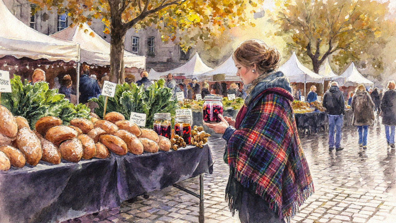 Vibrant watercolor scene of Edinburgh Farmers’ Market with sourdough bread and foraged wild greens under autumn trees.