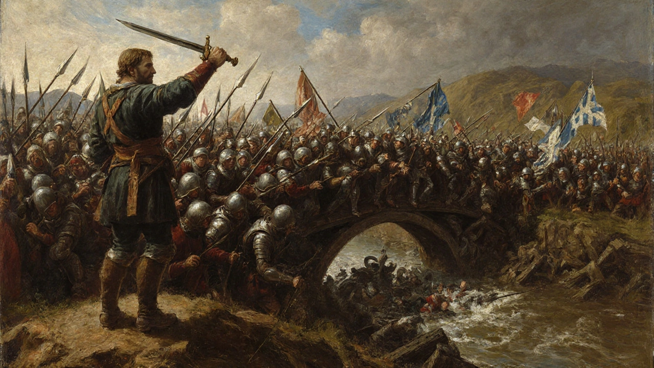 William Wallace raises his sword on a hill as Scottish spearmen charge, trapping the English army on a crowded bridge over the River Forth.