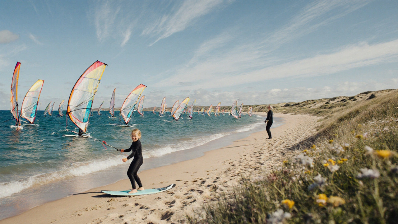 Windsurfers gliding across calm turquoise water at Balephuil Beach under a clear blue sky.
