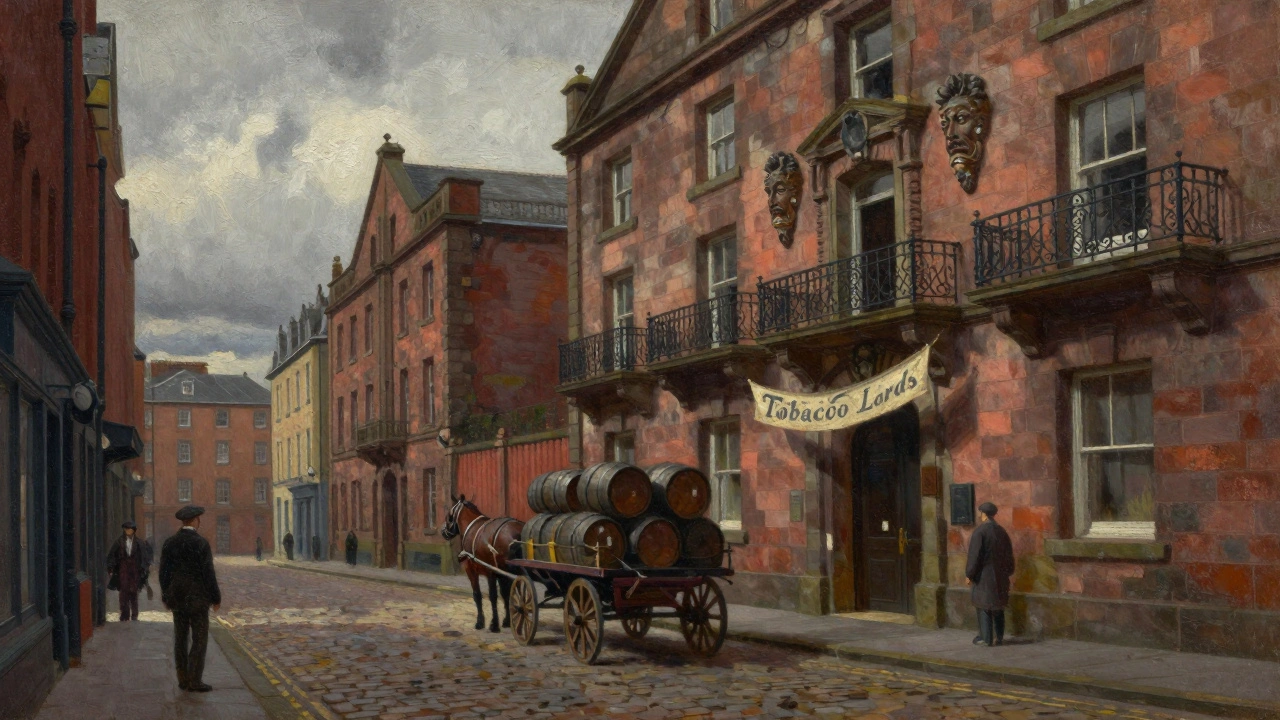 18th-century Glasgow Merchant City with horse-drawn cart and carved merchant facades under cloudy skies.