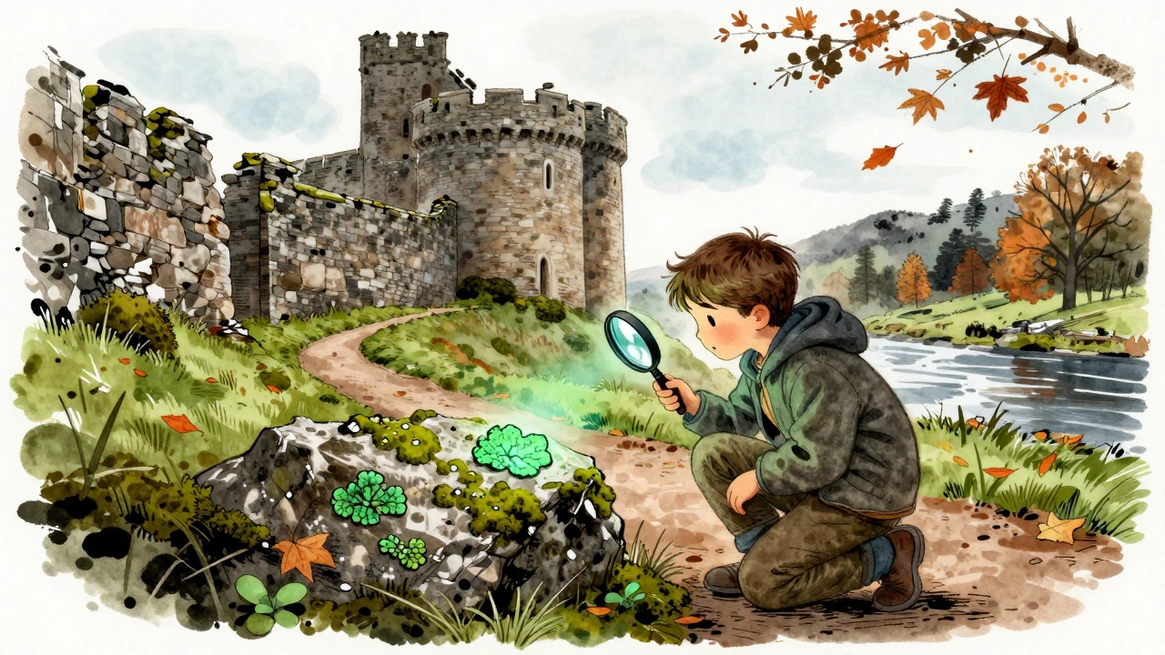 A child examines lichen with a magnifying glass near the ruins of Threave Castle, surrounded by falling leaves.