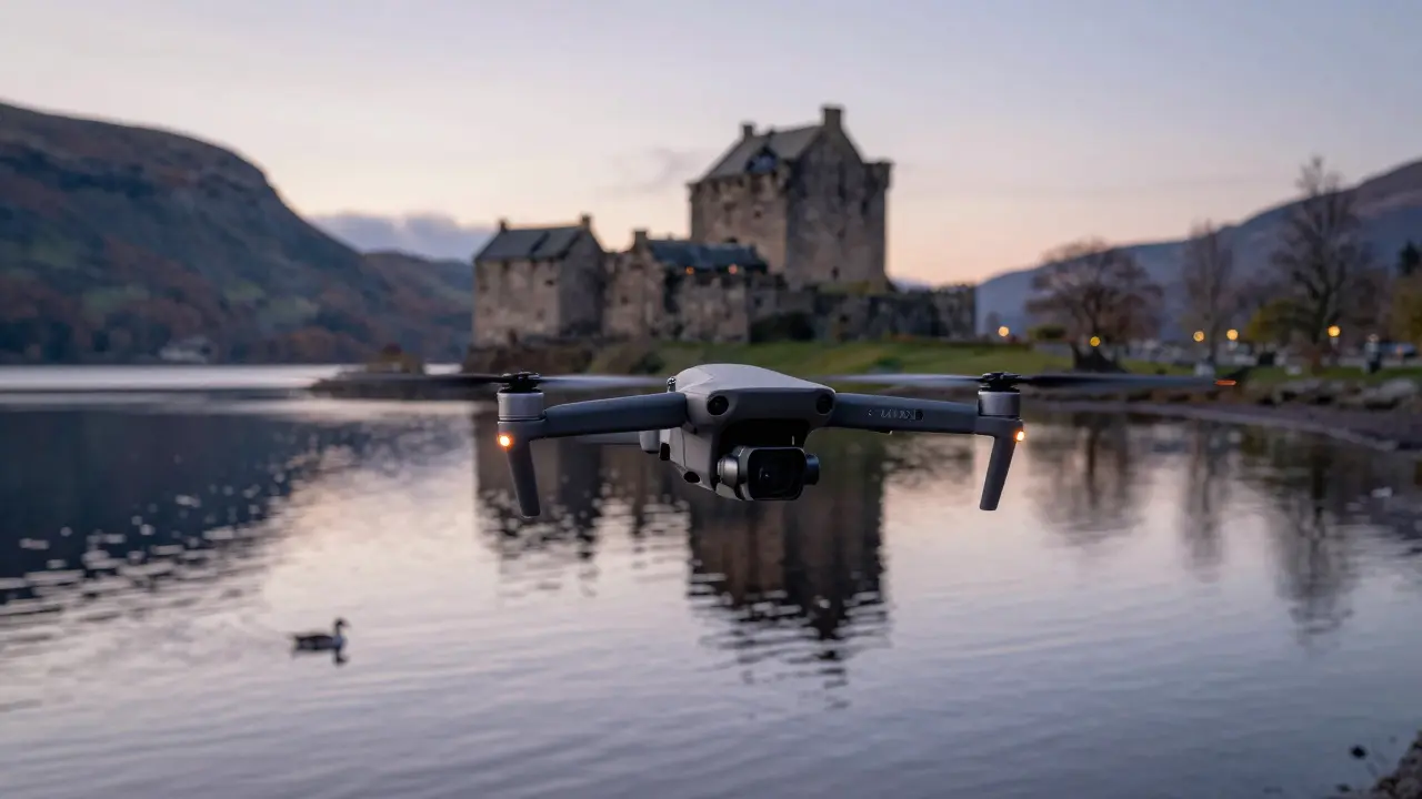 A drone flies safely over a loch far from Urquhart Castle, reflecting twilight skies.