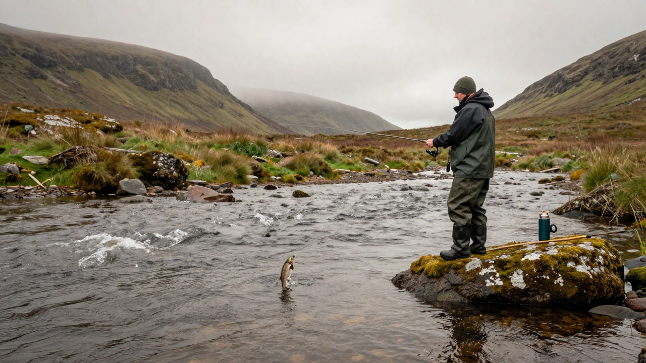A fisherman casts a line into the River Sligachan, a trout leaping from the water under overcast Skye skies.
