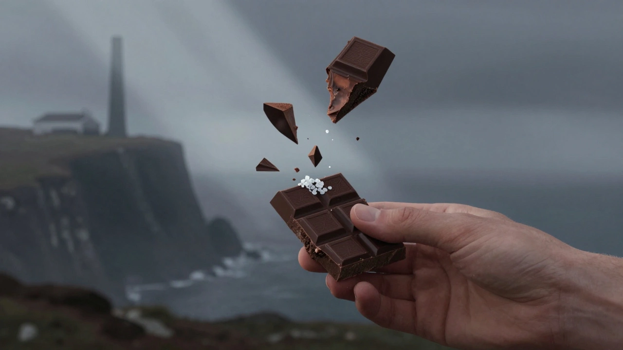 A hand breaking smoky dark chocolate with sea salt, floating shards reveal cask-infused layers, misty cliffs in background.