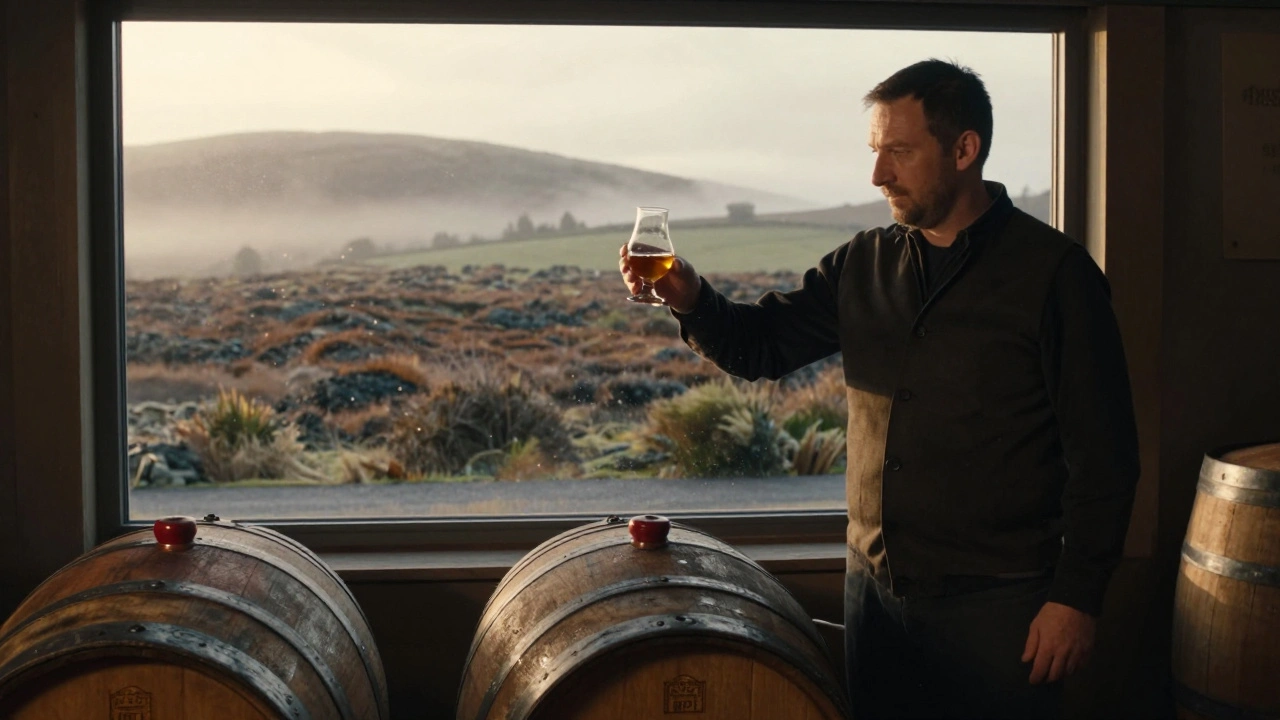 A master distiller tasting whisky at sunrise, with historic stills and peat bogs in the background.