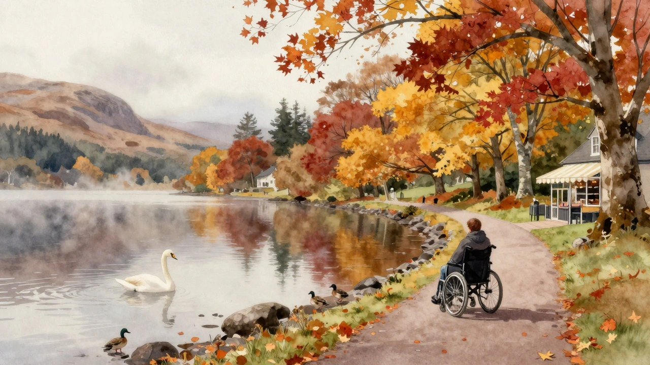 A peaceful autumn walk around Loch Ken with a swan on calm water and golden trees reflecting in the lake.