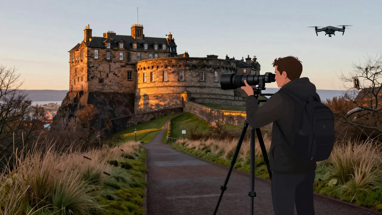 A photographer captures Edinburgh Castle at sunrise using a telephoto lens from the ground.