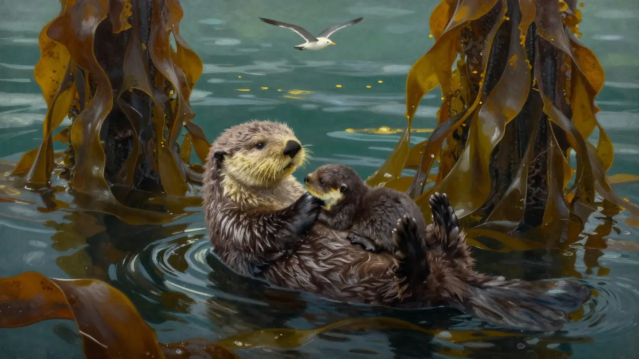 A sea otter mother cradles her pup on her belly among swaying kelp in a Scottish sea loch.