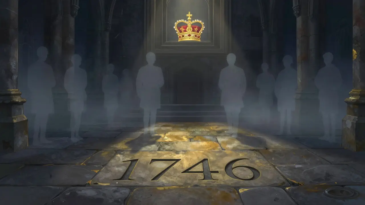 A silent chapel floor marked only by the date 1746, with ghostly soldier silhouettes rising from the stone beneath faint glowing Crown Jewels.