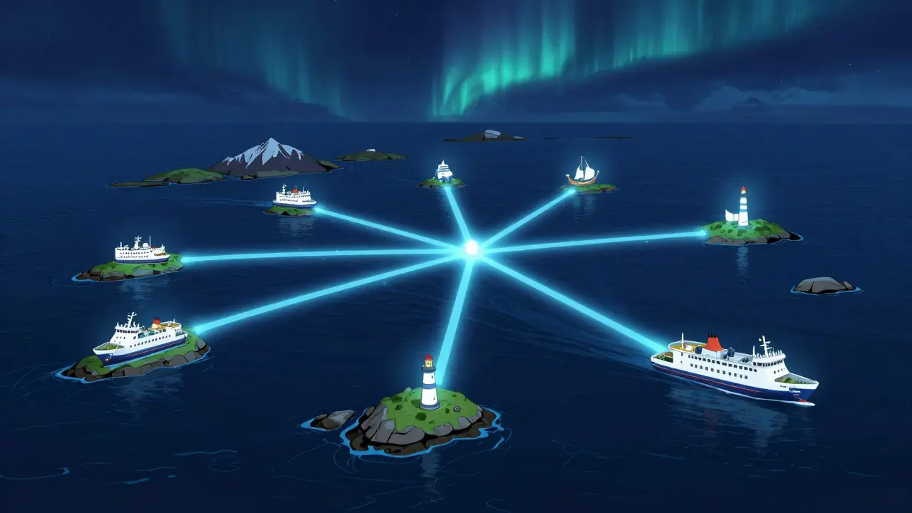 A stylized map of Scotland's ferry routes glowing like a network connecting the mainland to remote islands.