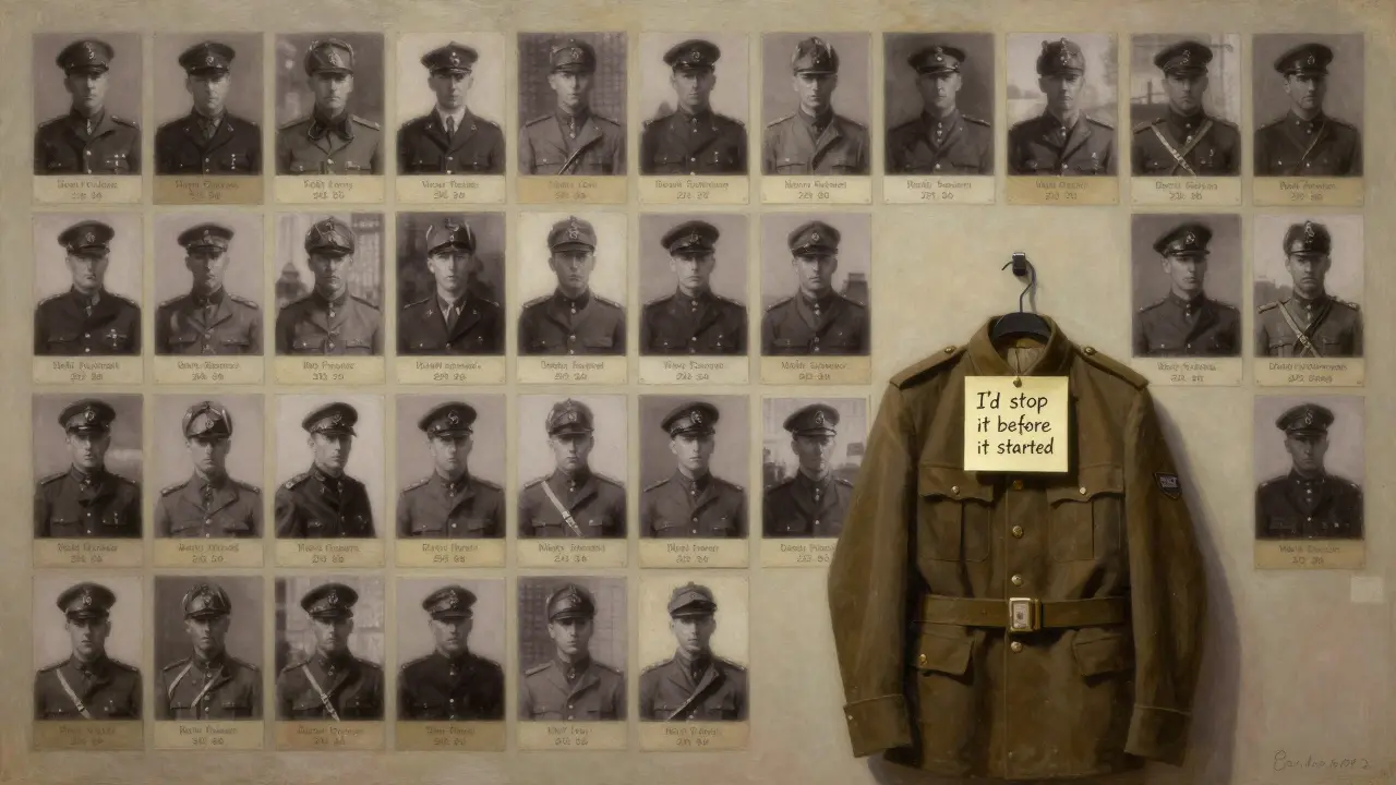 A wall of black-and-white photos of Scottish soldiers from World War I, each labeled with name and death date, with a handwritten sticky note beside an empty uniform.