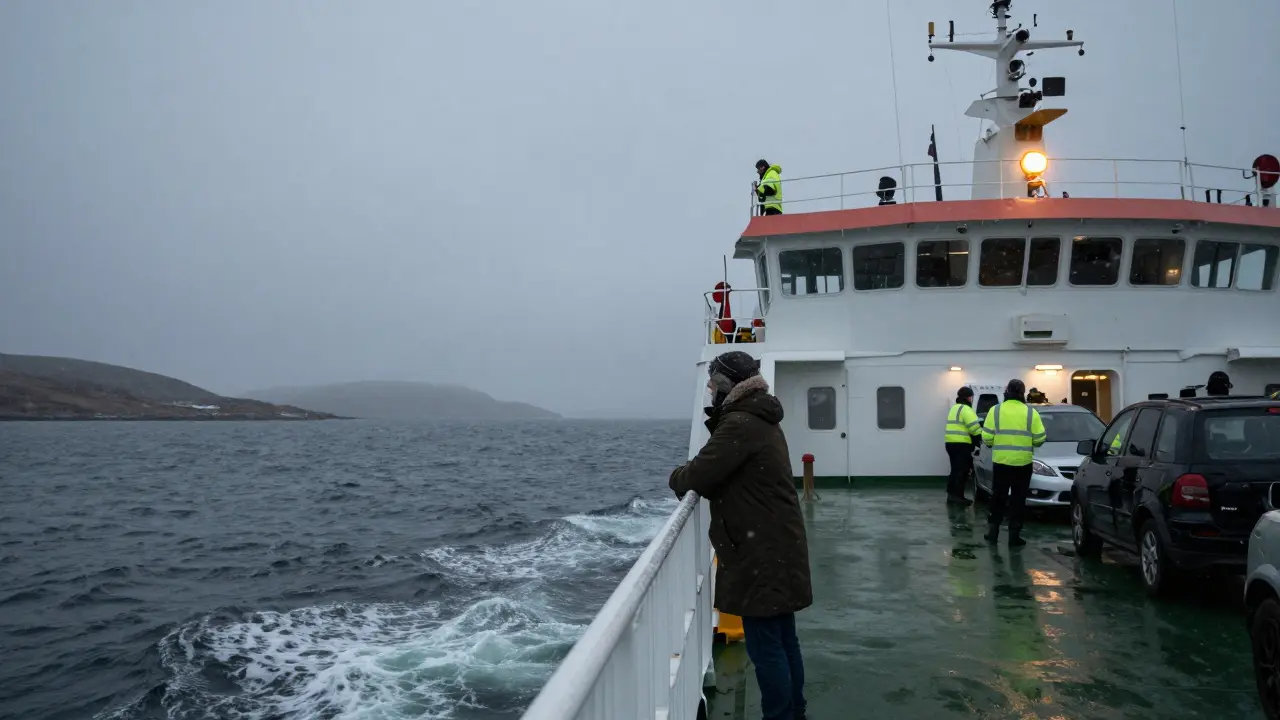 A winter ferry crossing from Ullapool to Stornoway with snow falling and a traveler gazing at distant islands.