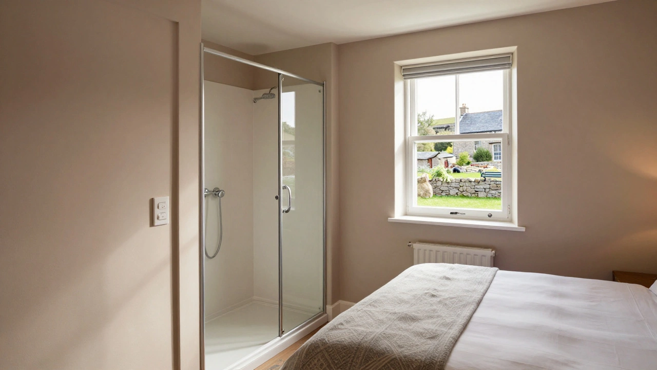 Accessible hotel room with wide door, roll-in shower, and lowered controls, bathed in natural daylight.