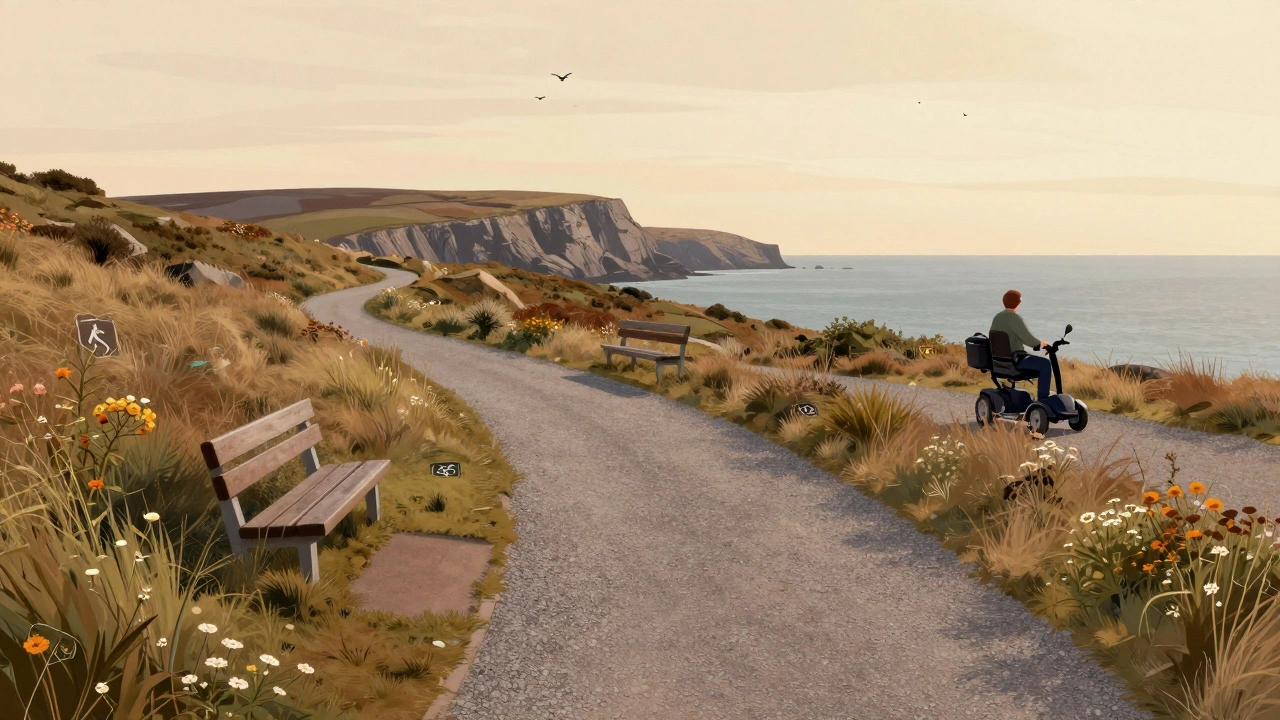 An accessible coastal trail with a mobility scooter user enjoying sea views, surrounded by wildflowers and benches.