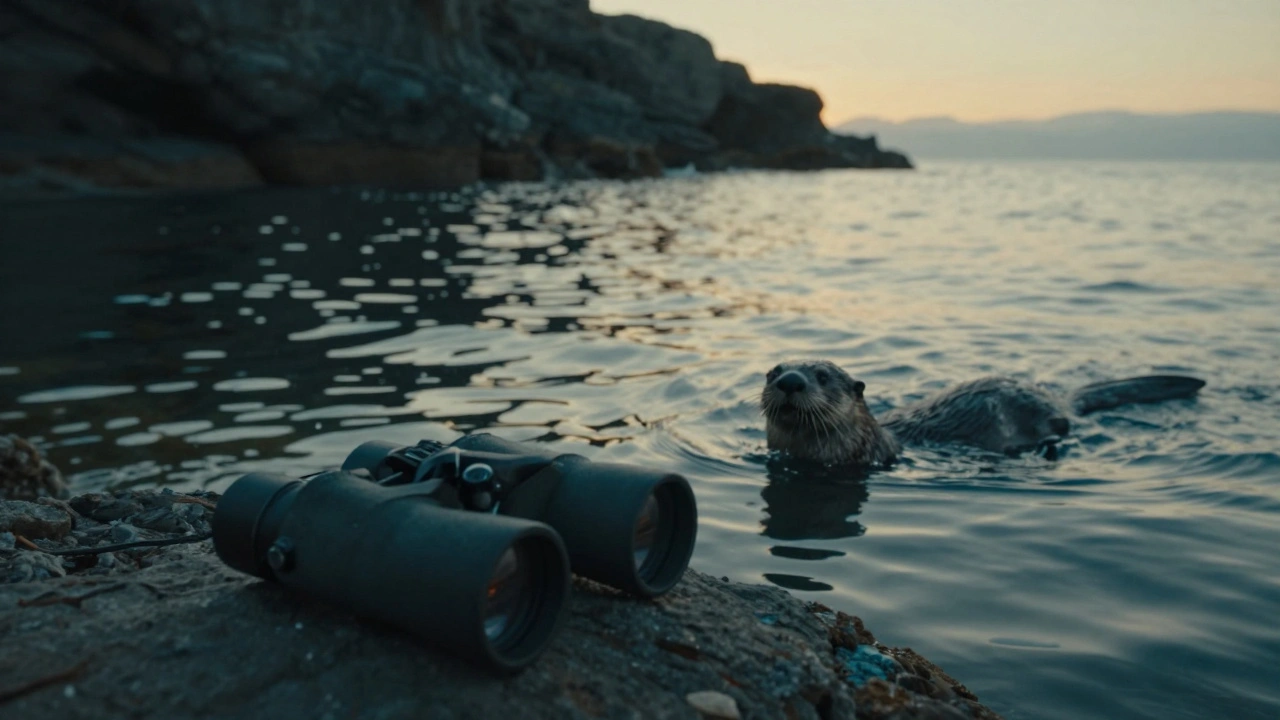An otter surfaces in the sea near Elgol at dusk, its head breaking the water as binoculars rest on nearby rocks.