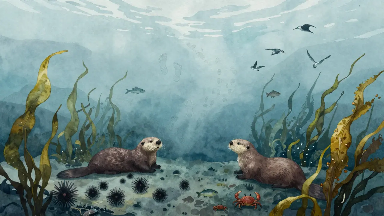 An underwater scene showing kelp forests regrowing as sea otters return, restoring marine life.