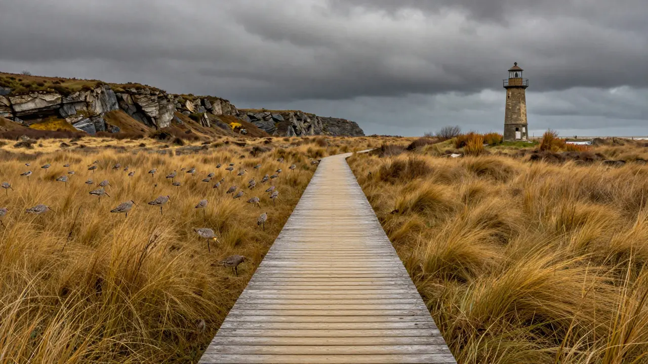 Autumn boardwalk through salt marshes with migrating birds and stormy cliffs in the background.
