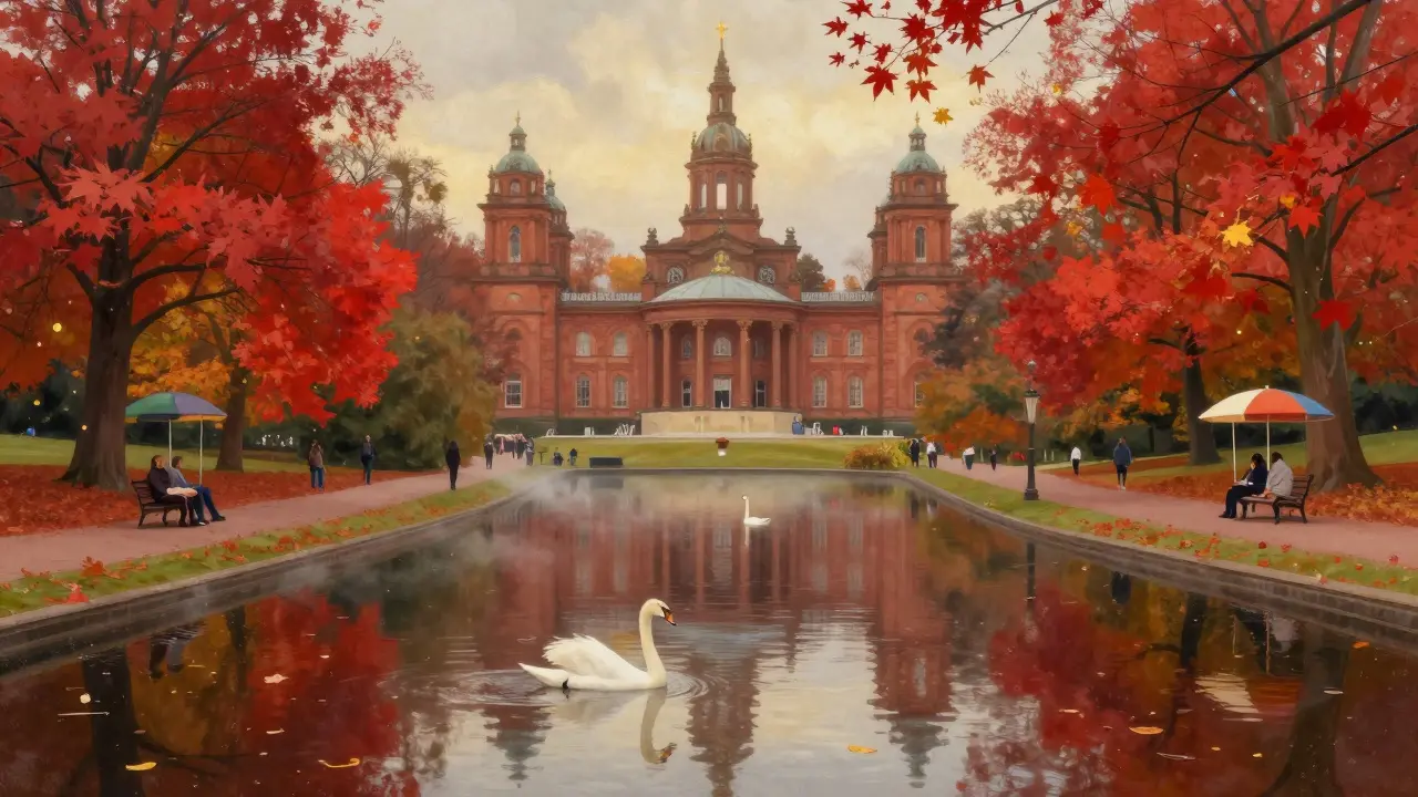 Autumn leaves reflect in a calm lake at Kelvingrove Park with swans and Victorian pathways