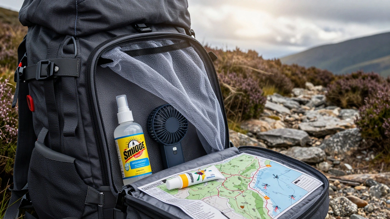 Backpack open on a Highland trail showing repellent, head net, fan, and midge forecast map.